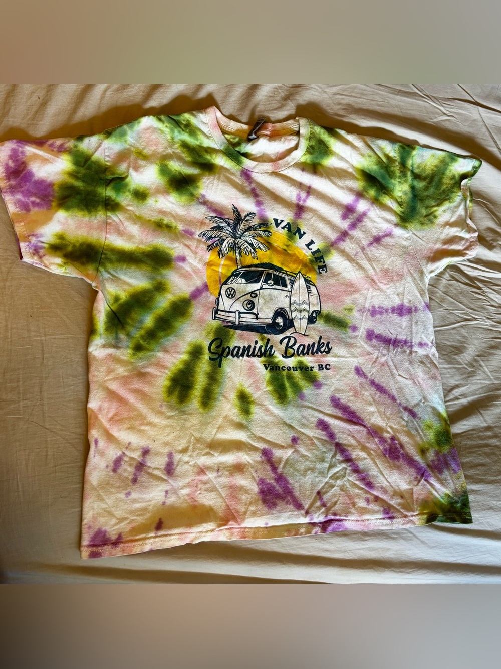 Custom Tie-Dye Van Life “Spanish Banks” T-Shirt in Green, Purple, Yellow